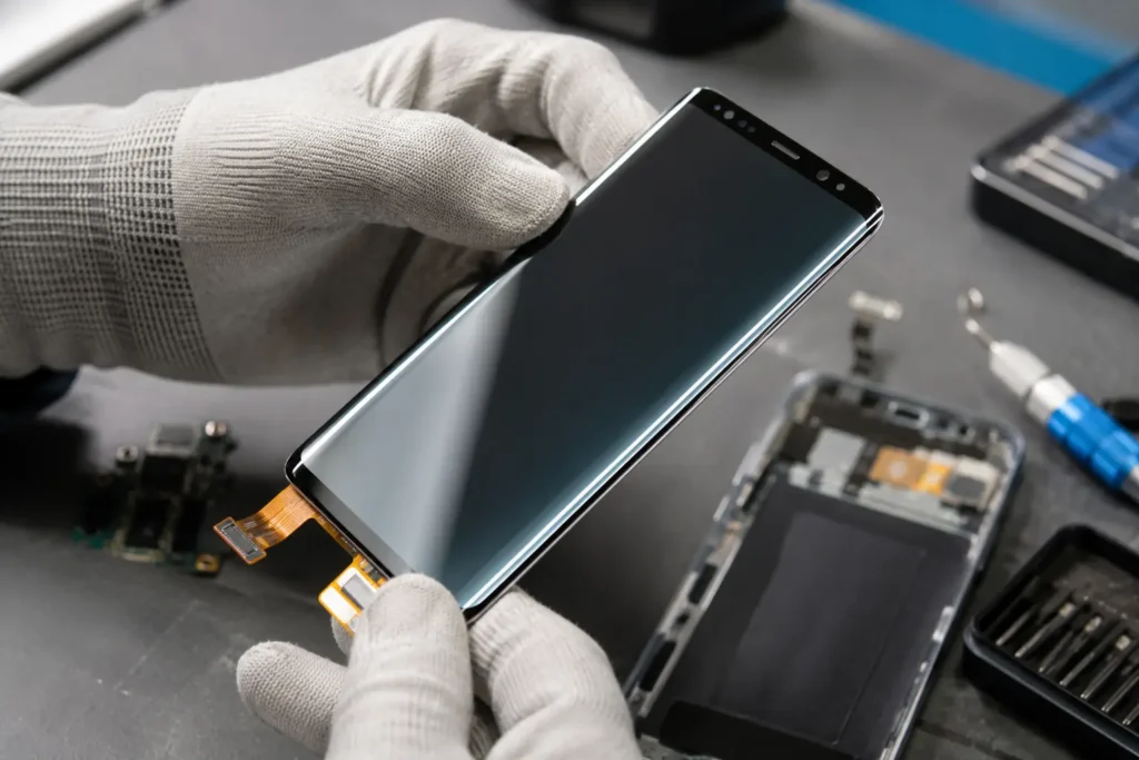 Close-up comparison of different types of cracked Samsung Galaxy screen damage