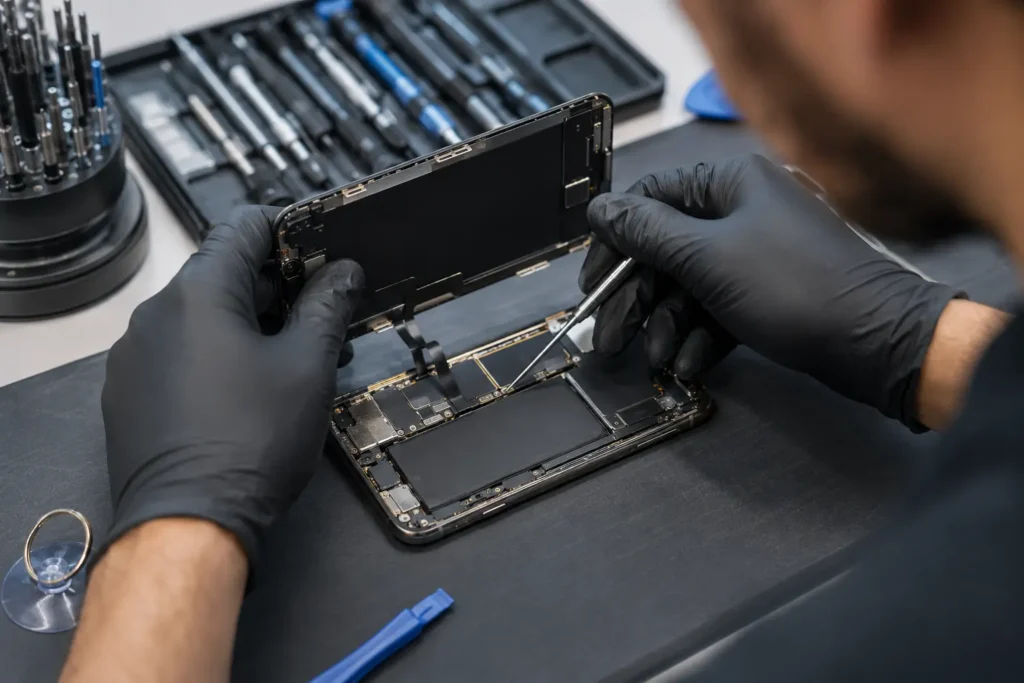 Technician carefully replacing an iPhone display during a professional screen repair service.