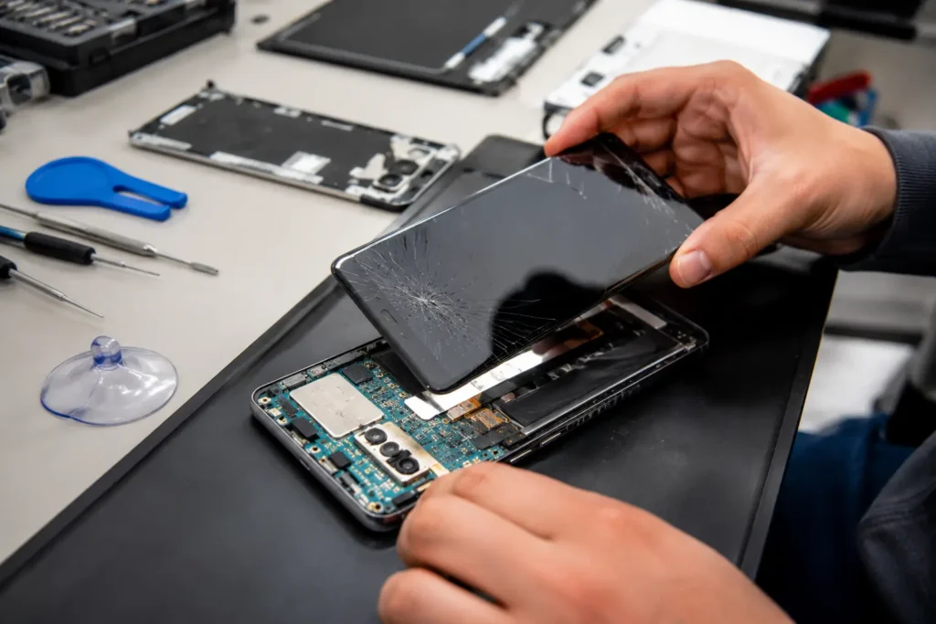Diagram-style photo of a Samsung Galaxy's fused AMOLED display, digitizer, and glass assembly."
