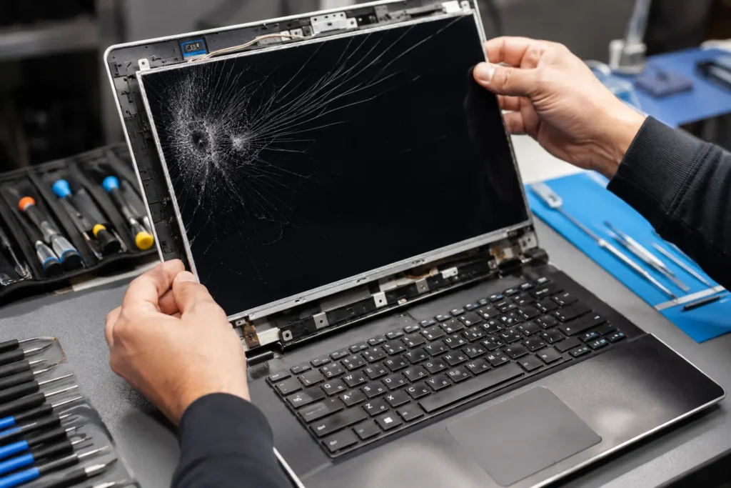 Technician performing laptop screen repair on a cracked display at a workbench