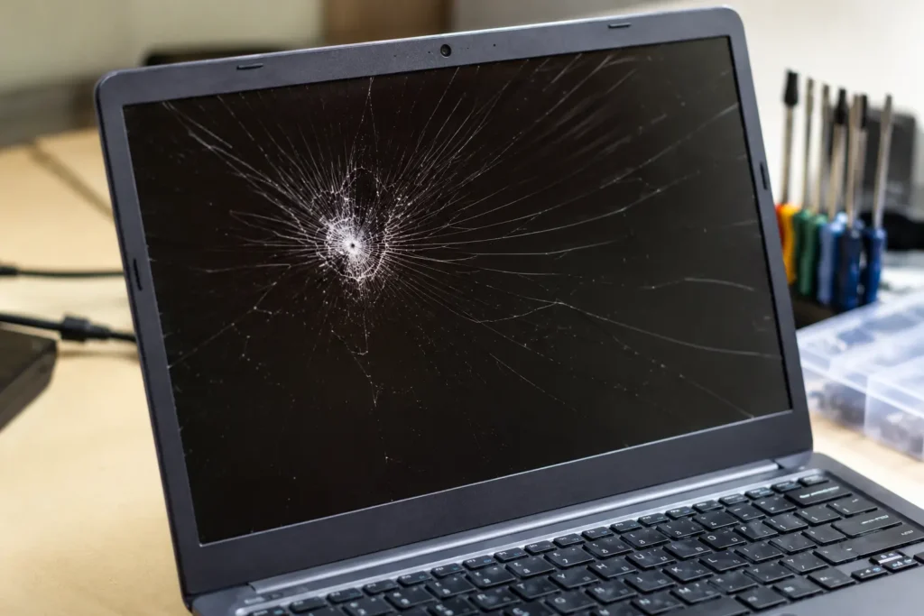Comparison of cracked, flickering, and dead-pixel laptop screen damage.