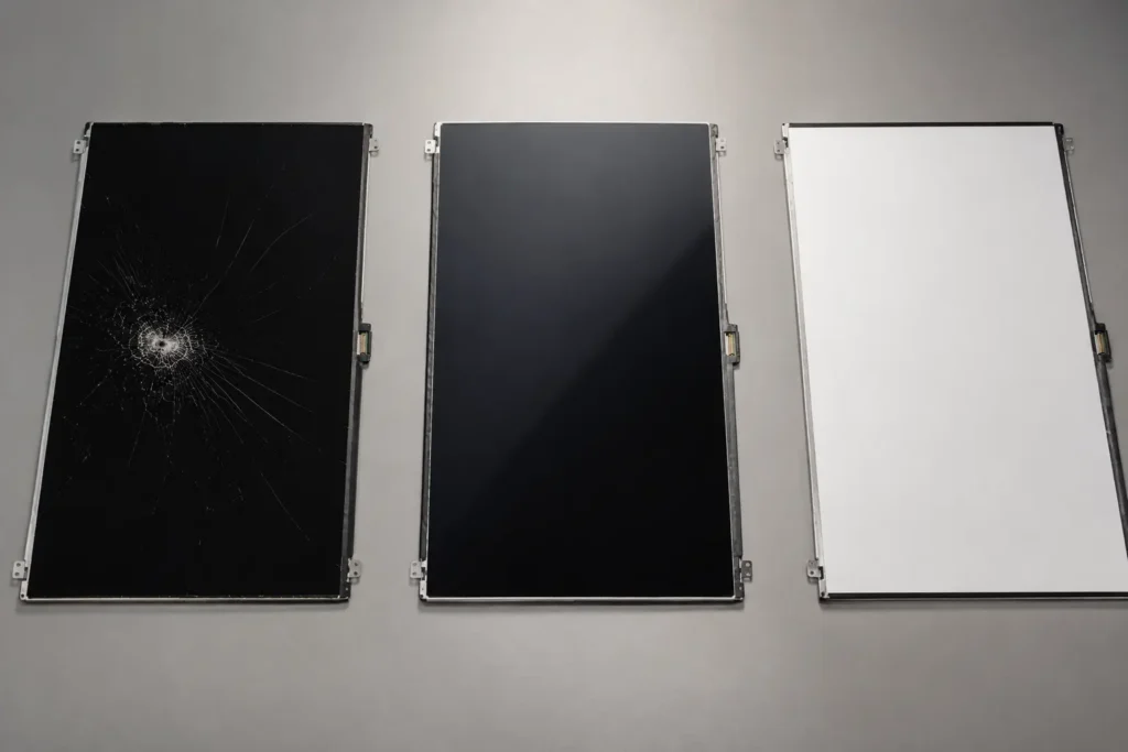 Side-by-side comparison of TN, IPS, and OLED laptop display panels.