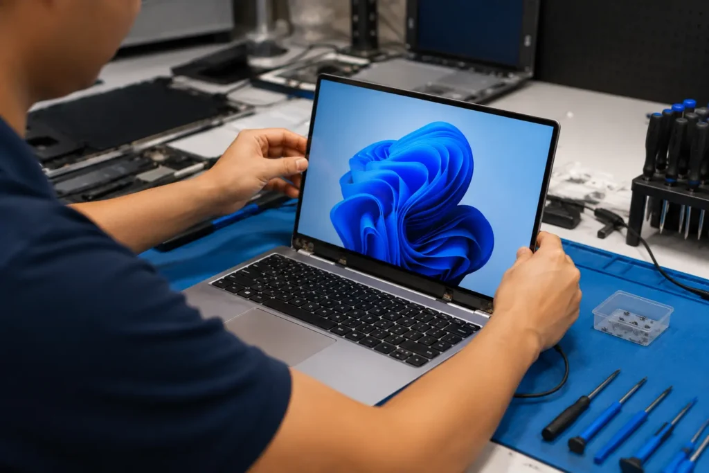 Technician testing a laptop display for color accuracy after screen replacement