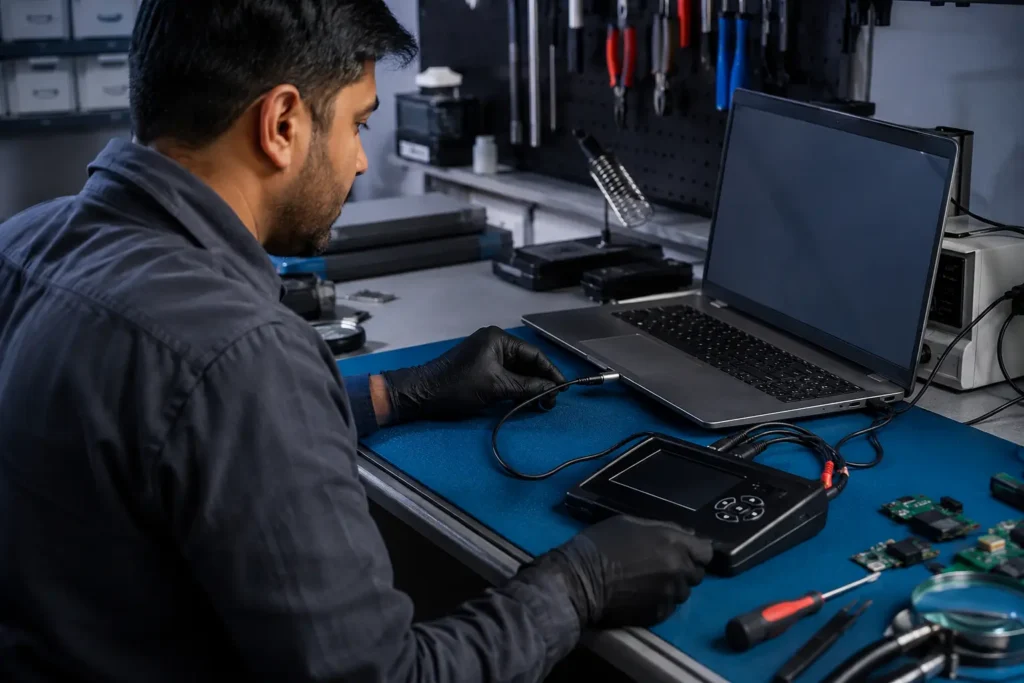 Technician running a diagnostic check on a laptop before screen repair