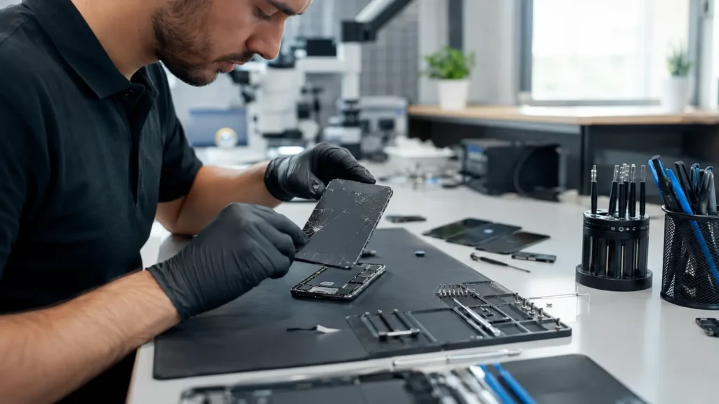 Professional technician performing iPhone screen repair on a cracked iPhone using specialized repair tools.
