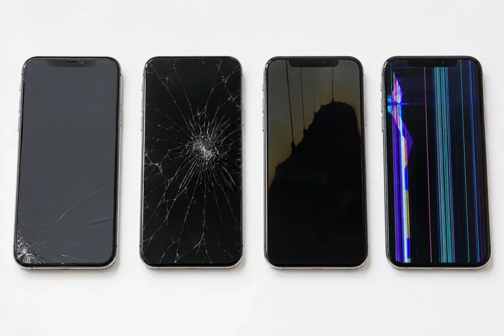 Examples of common iPhone screen damage including cracked glass, OLED bleed, flickering display, and display lines.