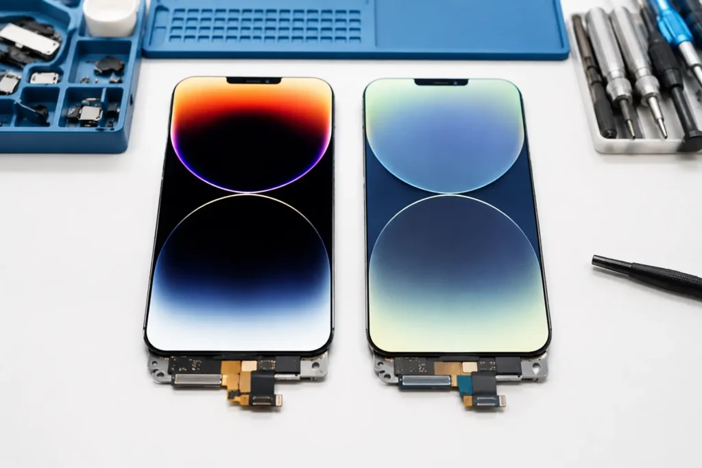 Comparison of OLED and LCD replacement displays used during professional iPhone screen repair.