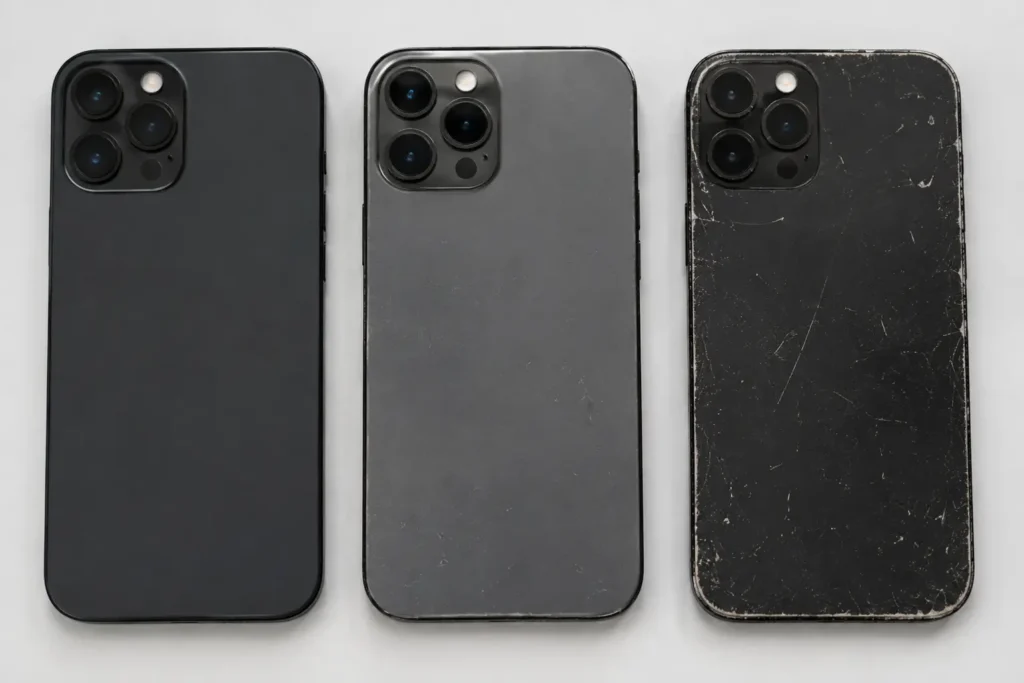 Comparison of Grade A, B, and C refurbished phone cosmetic condition.