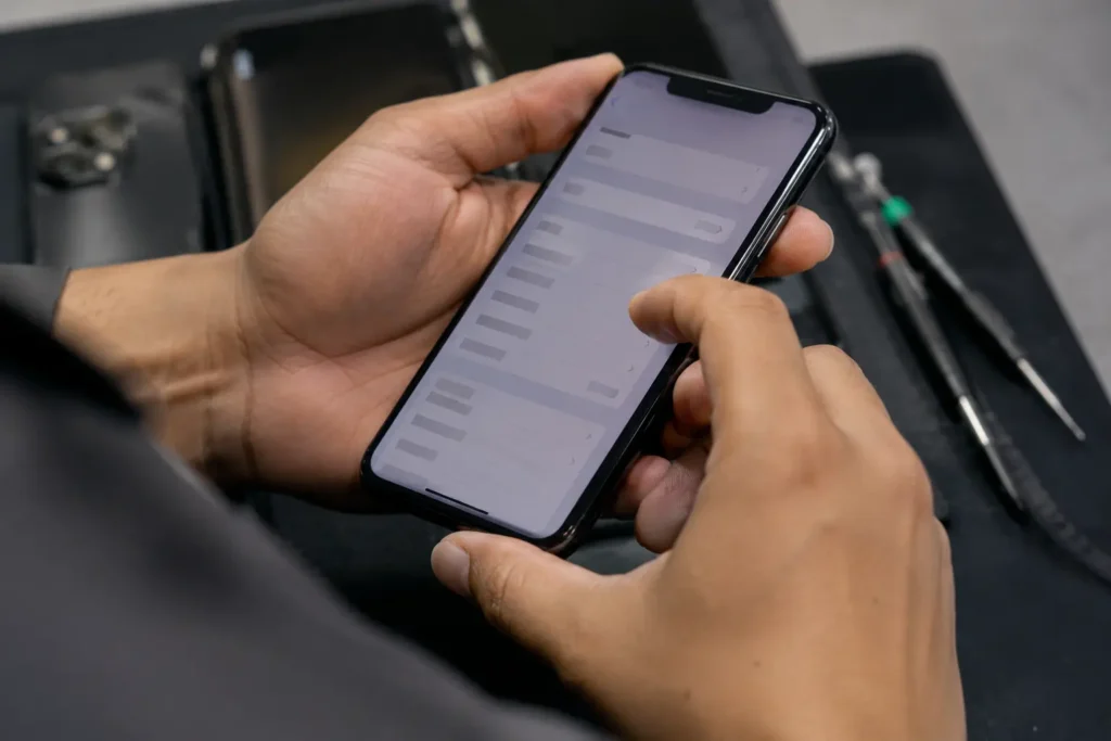Person checking IMEI and battery health settings on a smartphone before purchase.