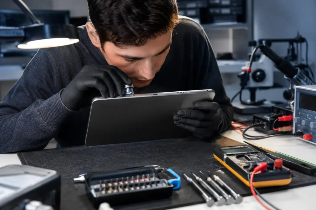 Technician inspecting an iPad's charging port at a repair workbench