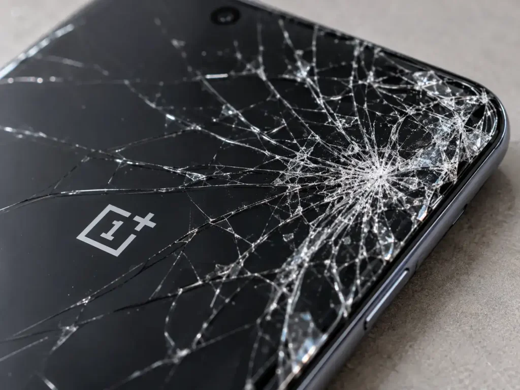 OnePlus smartphone screen with spiderweb crack damage across the glass