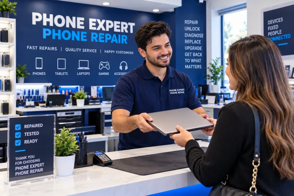 A friendly repair shop technician handing a fully repaired, closed laptop back to a smiling customer across a counter, modern tech repair store interior with navy blue and bright blue branding accents