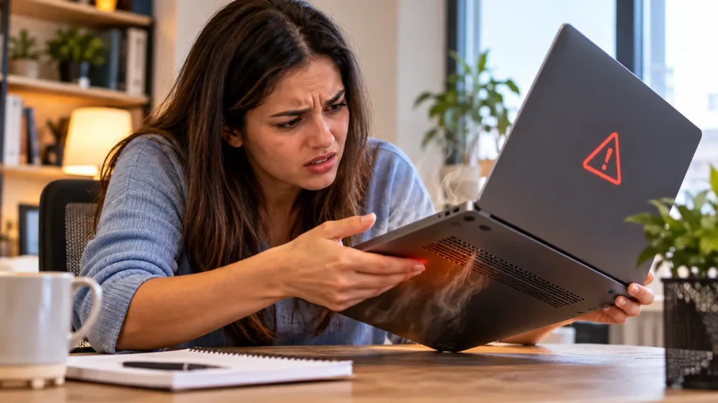 A frustrated person at a desk touching the hot underside of a laptop, visible heat haze, a small red warning icon on the screen, natural home office lighting, realistic photography