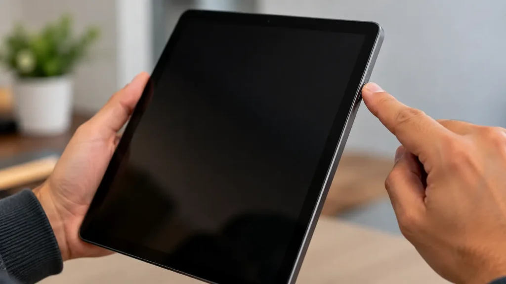 Hand holding a tablet during a force restart to fix a frozen screen.