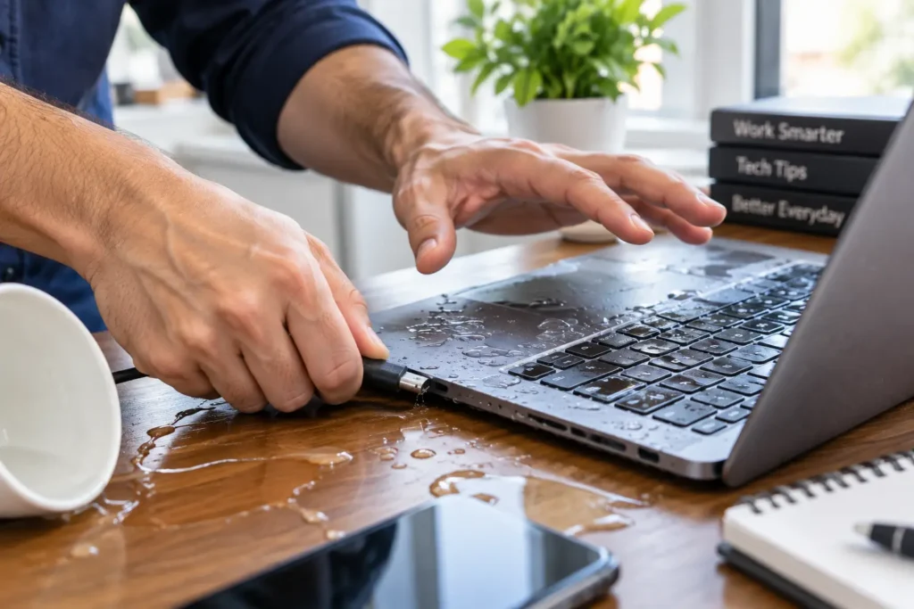 Close-up photo of a person's hands quickly unplugging a laptop charger cable from a laptop that has visible water droplets on the keyboard