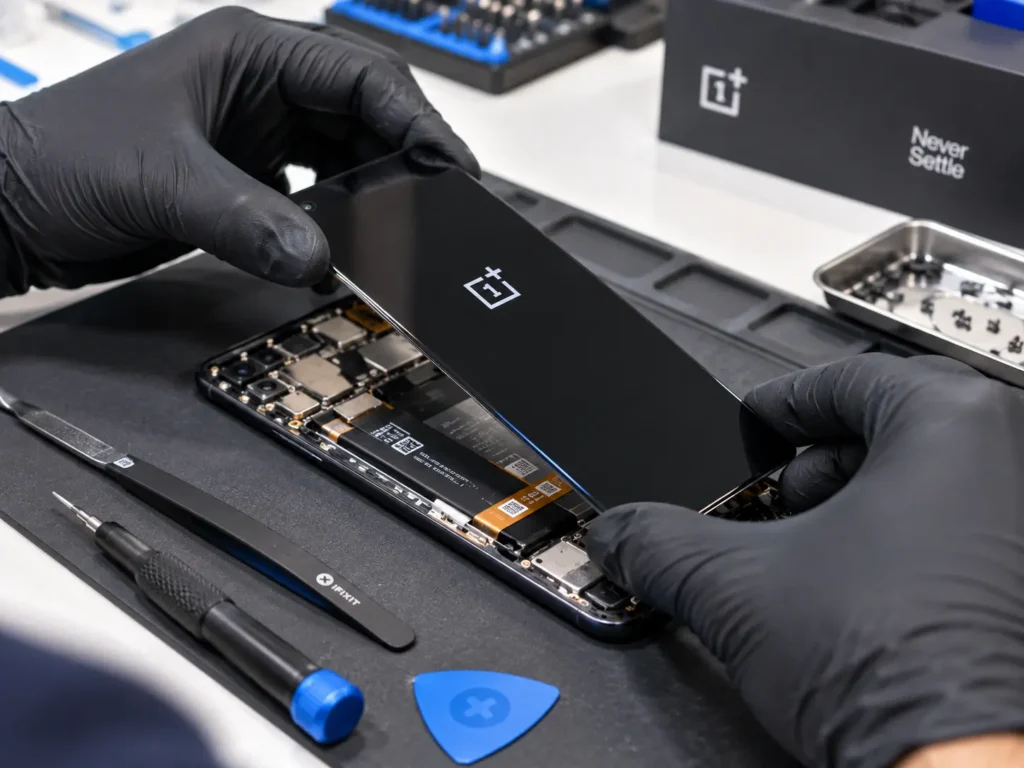 Close-up photo of gloved hands carefully aligning and installing a new AMOLED screen assembly into an open OnePlus smartphone frame