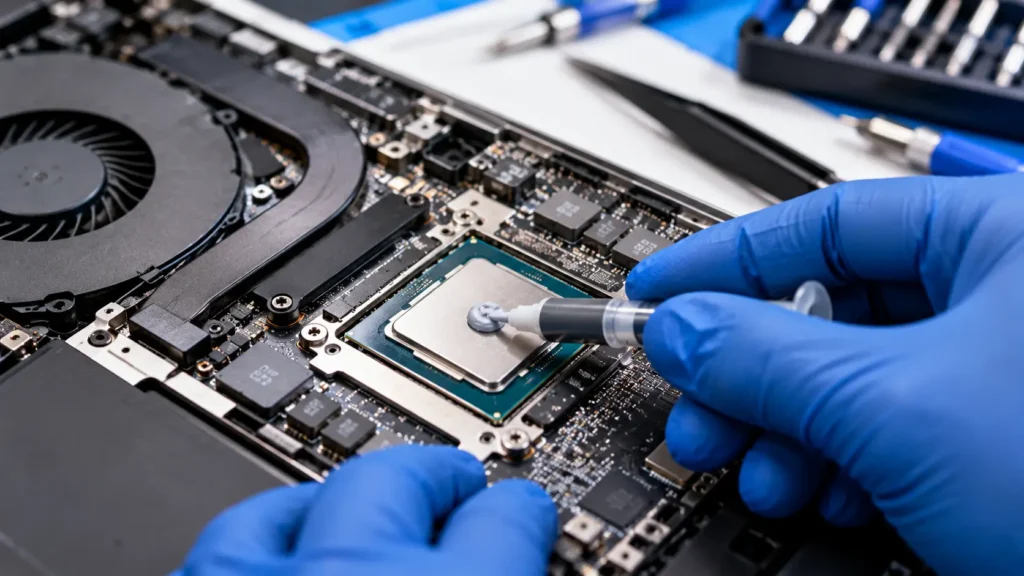 Extreme close-up macro photo of a technician's gloved hands applying a small dot of thermal paste to a laptop processor, precision tools nearby, bright workbench lighting, highly detailed realistic photography