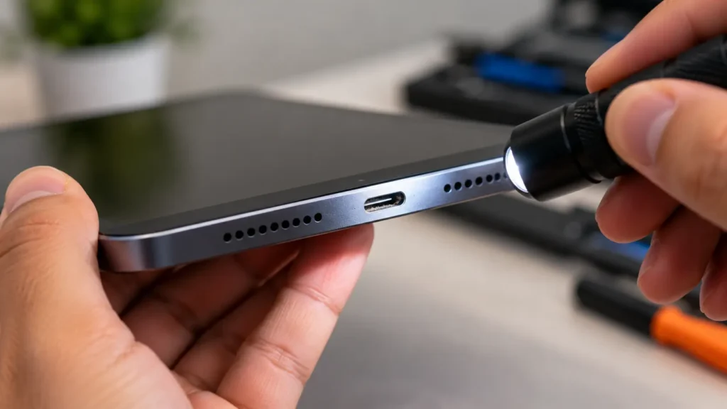 Close-up of a tablet charging port being inspected for debris