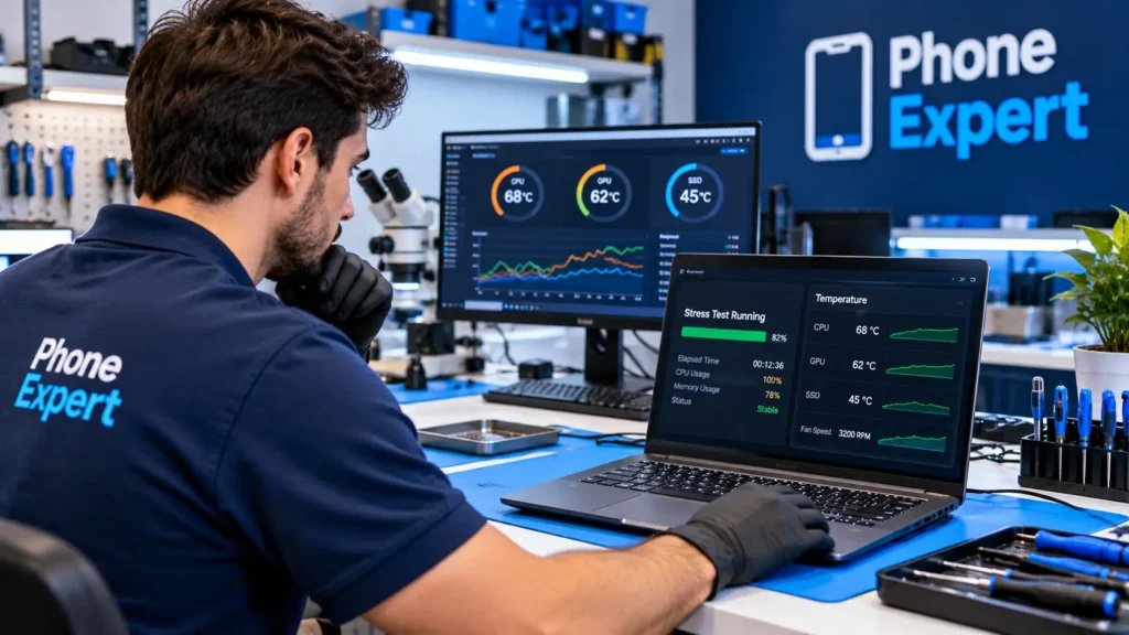 A technician watching a temperature monitoring screen while a repaired laptop runs a stress test on a clean workbench, modern repair shop interior with navy blue and bright blue accents, realistic photography