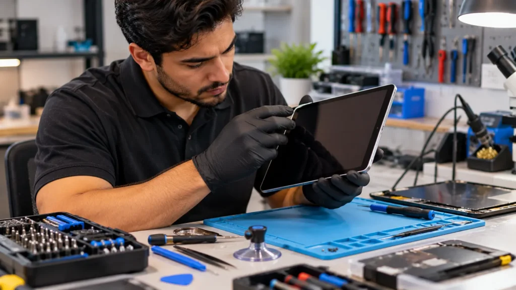 Technician diagnosing a tablet at a professional repair workbench.