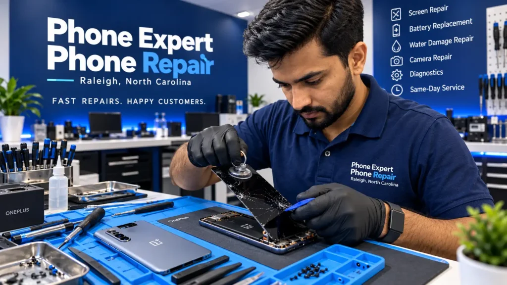 A professional phone repair technician carefully removing a cracked OnePlus smartphone screen