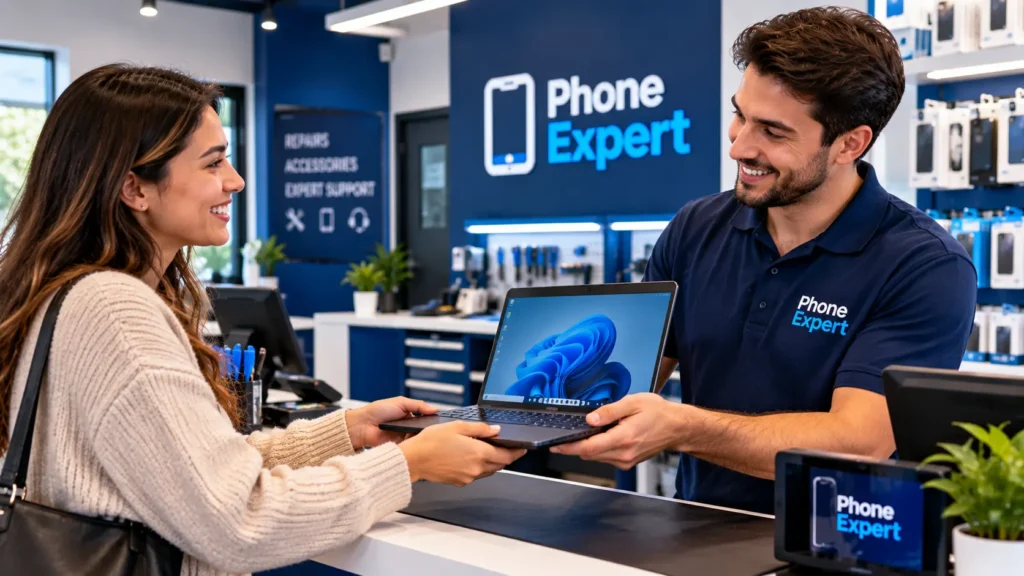 A smiling customer receiving a repaired laptop from a friendly technician across a store counter, modern tech repair shop with navy blue and bright blue branding accents, realistic photography, warm lighting