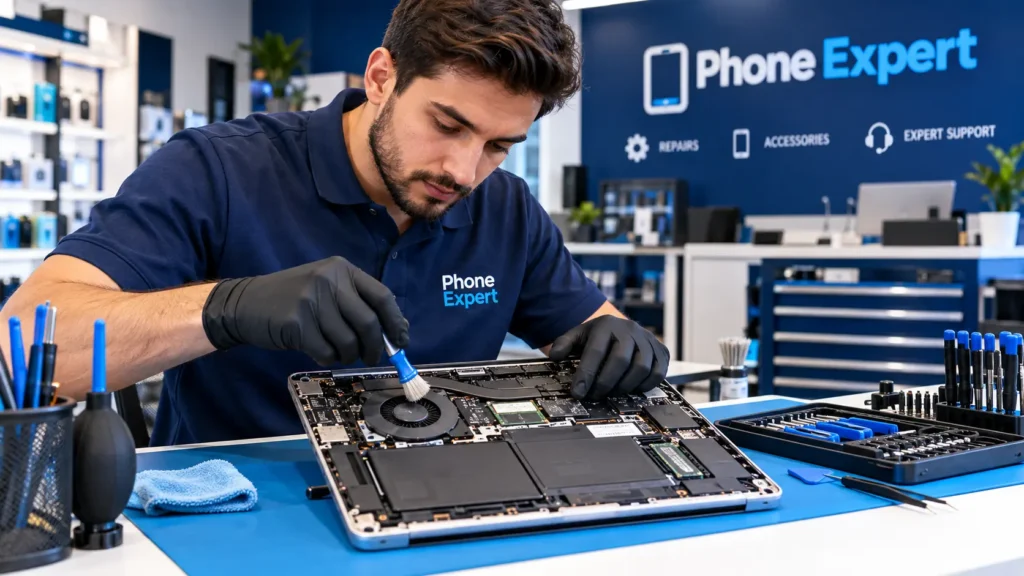 A professional repair technician in a bright, modern electronics repair shop cleaning the internal cooling fan of an open laptop with a small brush, tools neatly arranged on the workbench, navy-and-blue branded shop environment, realistic photo style