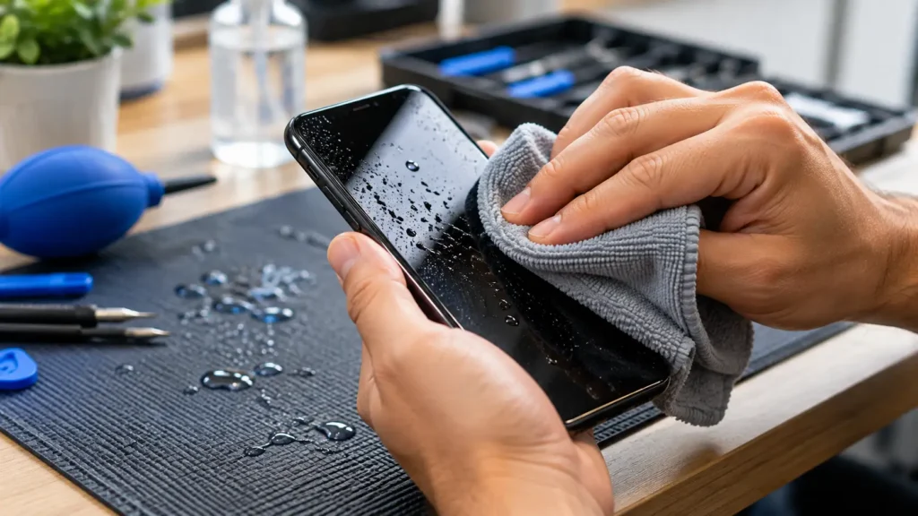 Hands drying a wet iPhone with a soft cloth as the first step in iPhone water damage repair