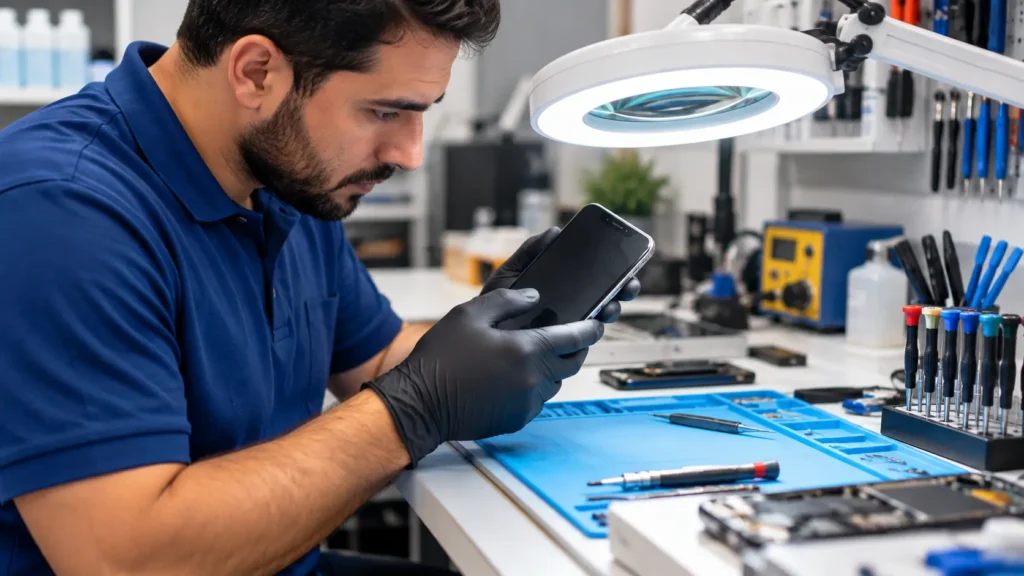 iPhone water damage repair technician inspecting a wet iPhone at a workbench