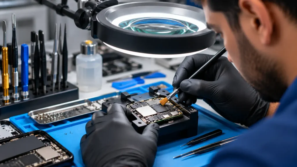 Technician cleaning corrosion from an iPhone logic board during iPhone water damage repair
