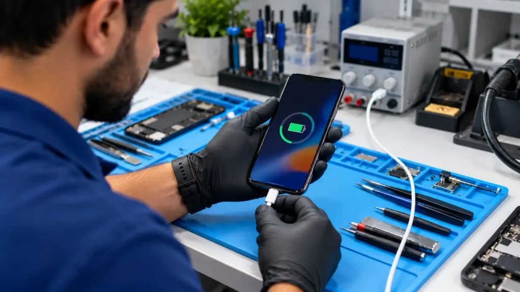Technician testing an iPhone after water damage repair at a workbench
