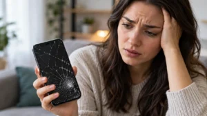 Person holding a cracked phone while recovering photos from a broken phone