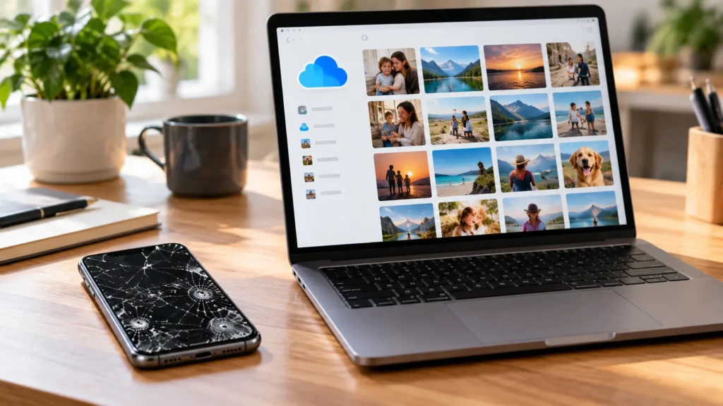 Laptop showing a cloud photo library while recovering photos from a broken phone