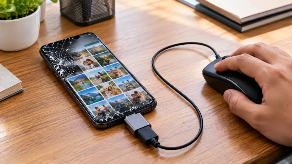 USB OTG adapter and mouse connected to a cracked phone for recovering photos from a broken phone
