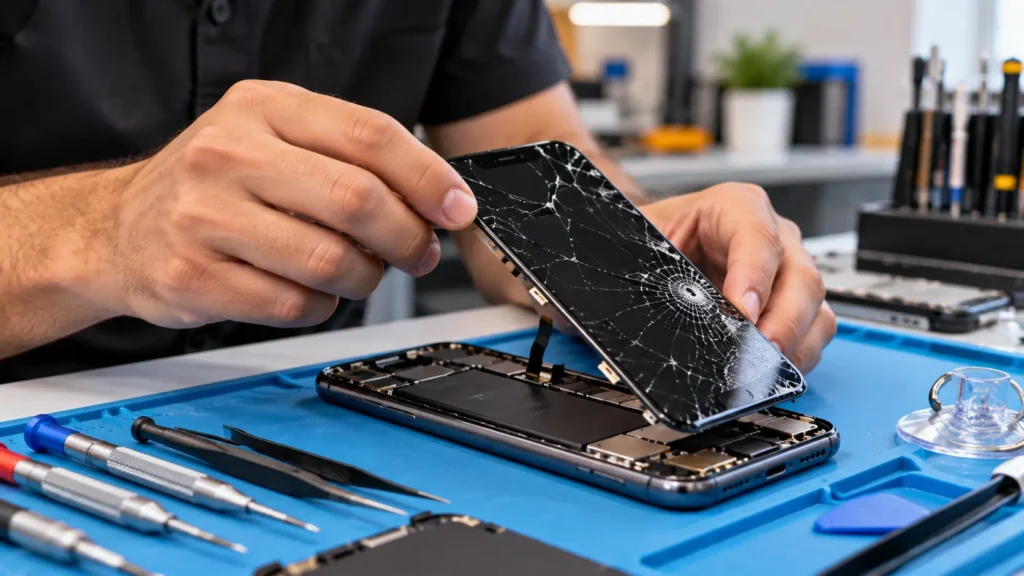 Technician replacing a cracked screen to help with recovering photos from a broken phone